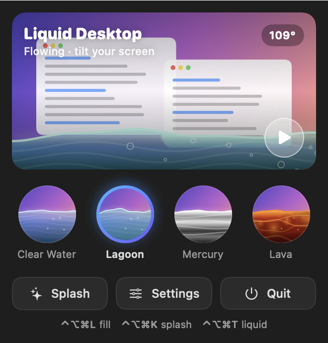 The Liquid Desktop menu bar panel